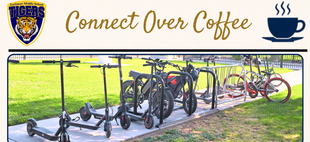 Image includes 'Connect Over Coffee ' title, school logo and E-bike/E-Scooter flyer foto