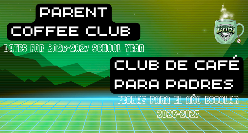 video game theme background with coffee mug that has school logo, spanish translation included