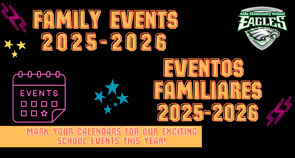 family events 2025-2026 with images of stars, lightning bolts, school logo and calendar image