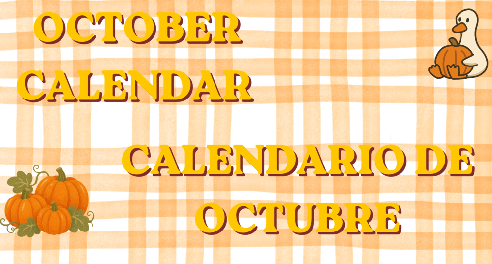 october calendar , orange striped background with pumpkins and a duck sitting down holding a pumpkin, spanish translation included