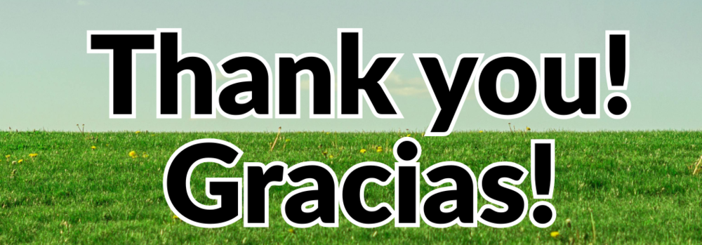 Words 'Thank you' and 'Gracias' over grass and sky background