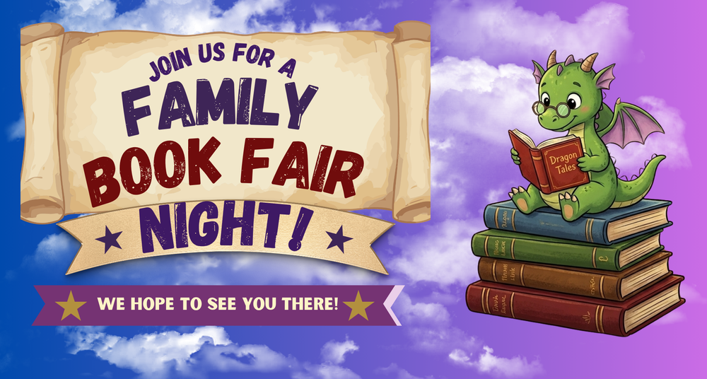 Family book fair night notice, dragon themed with images of a dragon reading a book on top of books, a sky full of stars, a moon and a castle, as well as scrolls