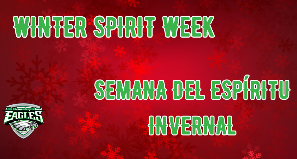 winter spirit week with red snowflakes background and school logo