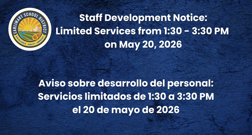 header with the district logo"Staff Development Notice: Limited Services from 1:30 - 3:30 PM on May 20, 2026"
