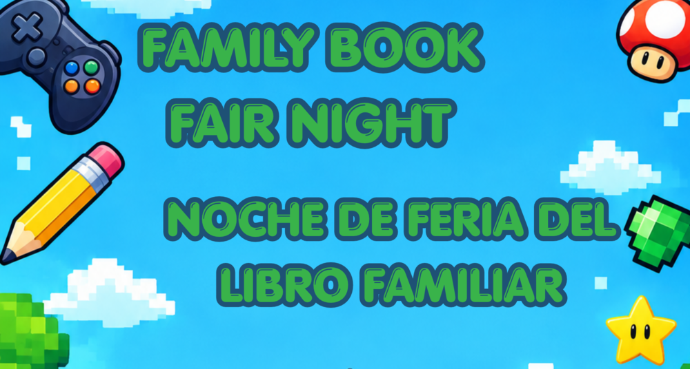 family book fair night with video game background, spanish translation included