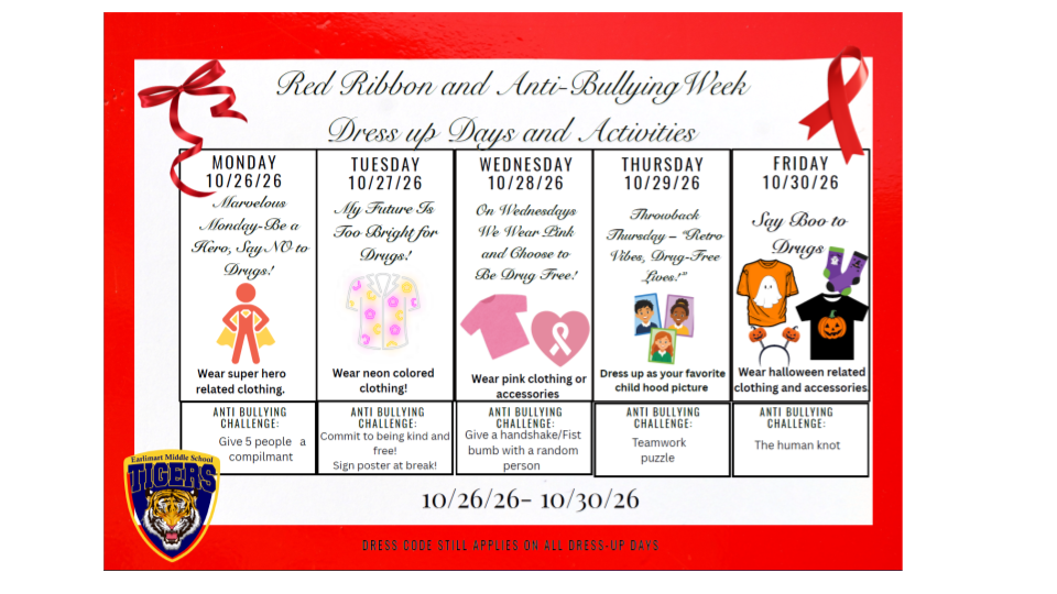 Image includes Red Ribbon theme and dress up & activity schedule
