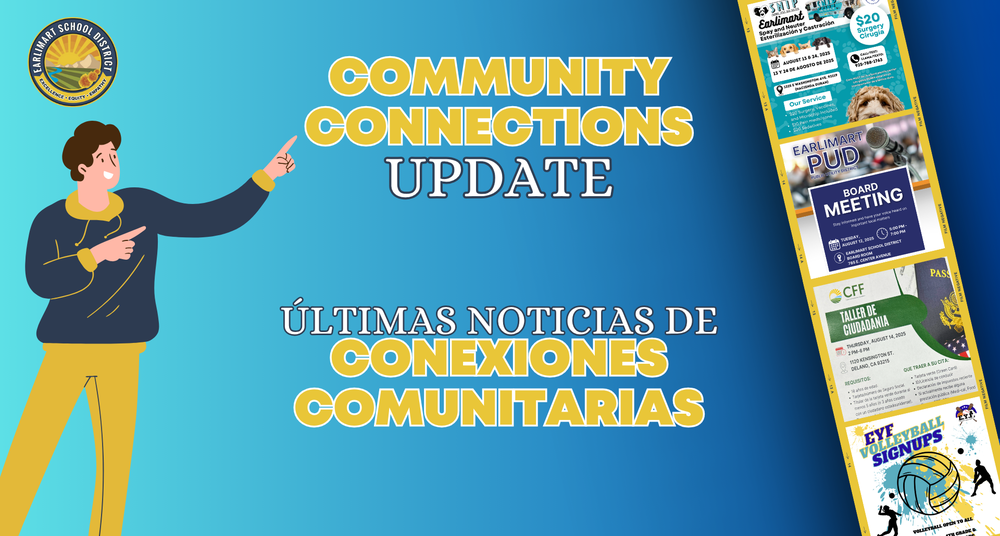 Community Connections update, person pointing, ESD logo, Flyers of events and meetings. all information can befound in the link to the community connections webpage in the article below.