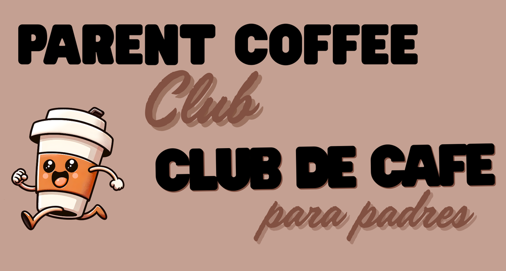 Logo for "Parent Coffee Club" featuring a running cartoon coffee cup and text in English and Spanish.