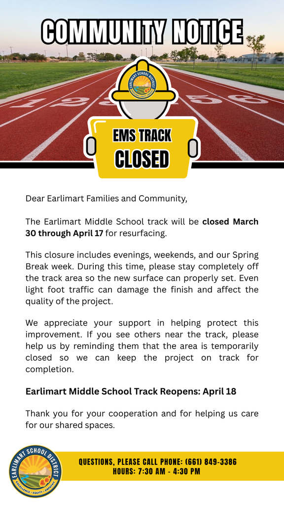 Bilingual school notice announcing EMS track closure from March 30–April 17 for resurfacing, reopening April 18, with contact number for questions: (661) 849-3386.