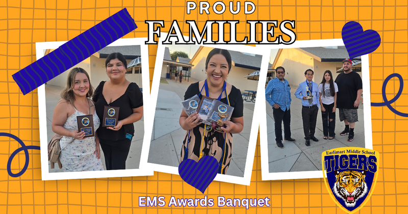 Image includes photos of families displaying student awards. 