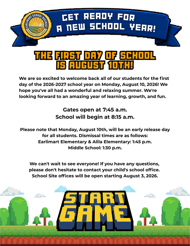 Video game-themed flyer announcing the first day of school on Monday, August 10, 2026, including school start times, early release information, and office reopening dates. See the accompanying article for complete details.