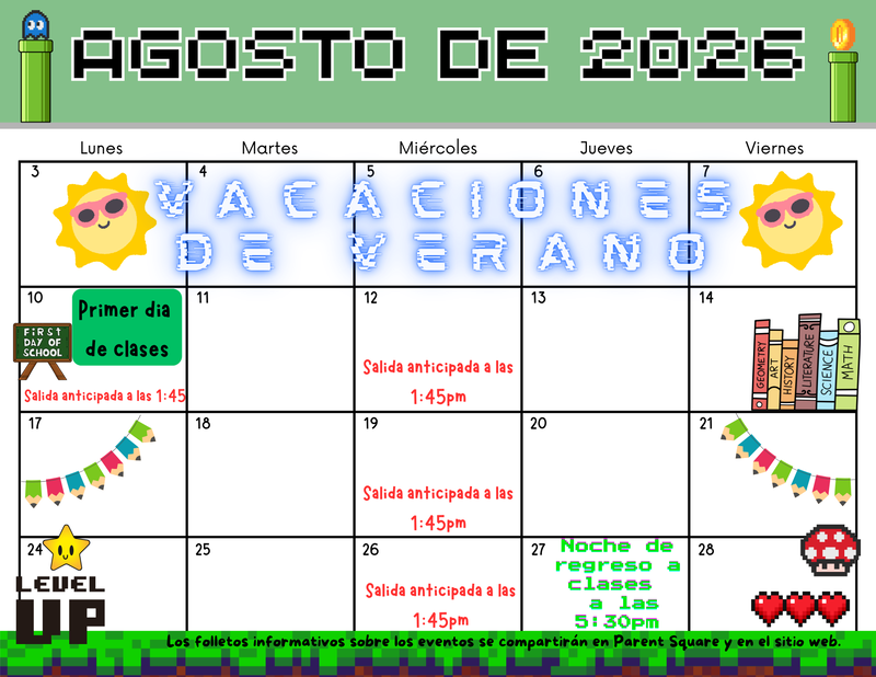 Video game-themed August 2026 school calendar highlighting Summer Vacation (Aug 3–7), the First Day of School on Aug 10, and Back to School Night on Aug 27.
