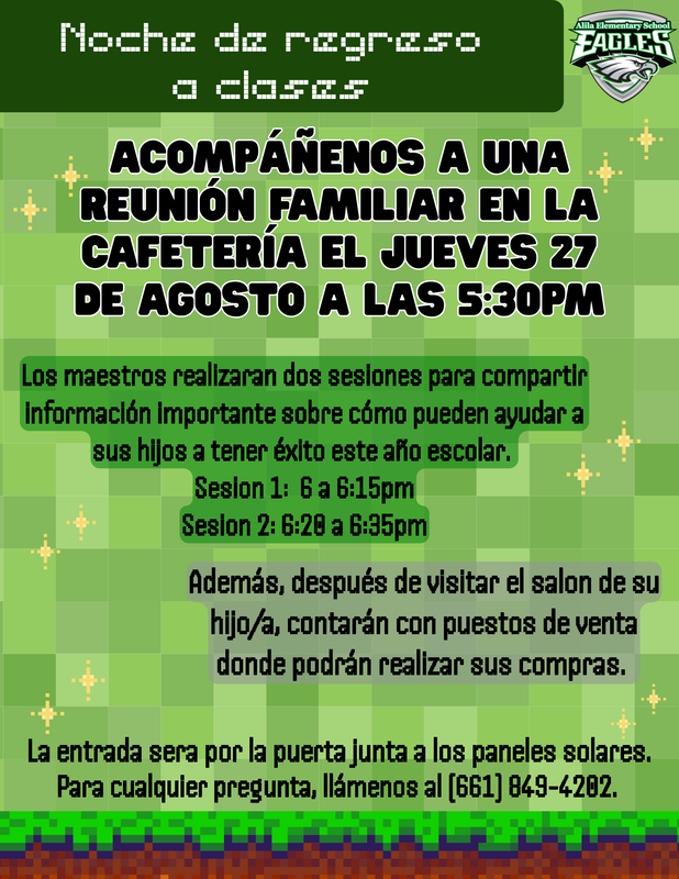 (spanish translation) Minecraft-styled flyer for Alila Elementary School Back to School Night on Thursday, August 27th at 5:30 PM in the cafeteria. Features teacher info sessions (6:00–6:35 PM), vendors, solar panel gate entrance,