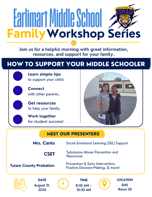 Image includes Family Workshop Series flyer with 'how to support your middle schooler' topic for session 1