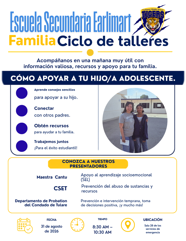 Image includes Family Workshop Series flyer with 'how to support your middle schooler' topic for session 1