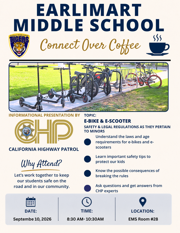 “Connect Over Coffee flyer with image of e‑bikes and scooters at a bike rack and details about a CHP safety presentation at Earlimart Middle School.”