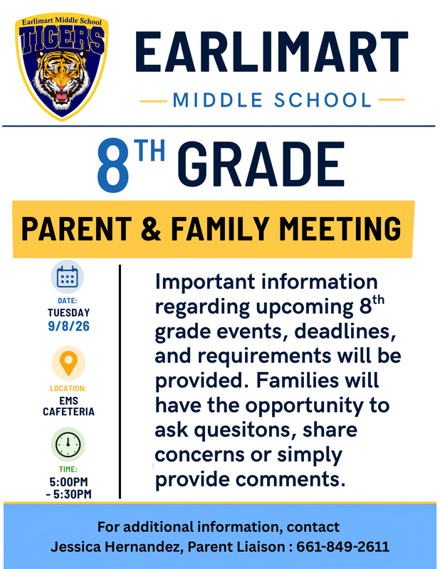 Flyer image includes tiger logo, dates, times and meeting location for 8th grade parent and family meeting