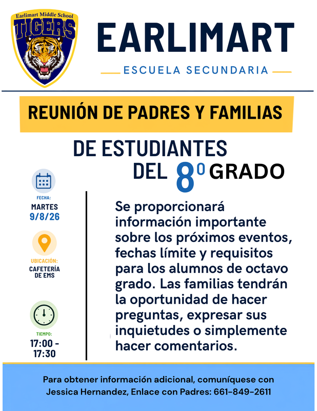 Flyer image includes tiger logo, dates, times and meeting location for 8th grade parent and family meeting