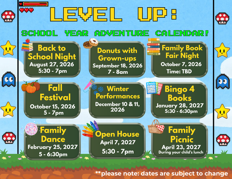 Flyer with dates for events for the whole school year, video game themed with icons All written details below