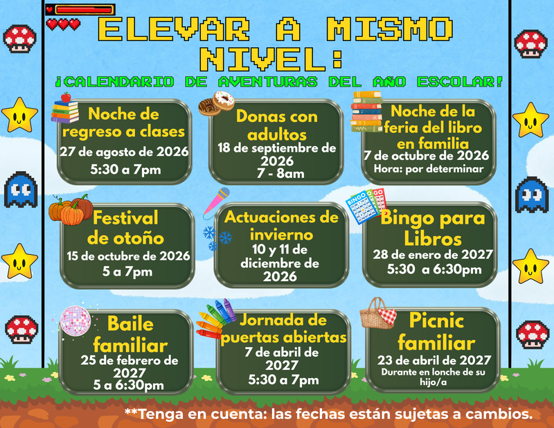family events 2026-2027 video game theme with dates for events, spanish translation, all written text below