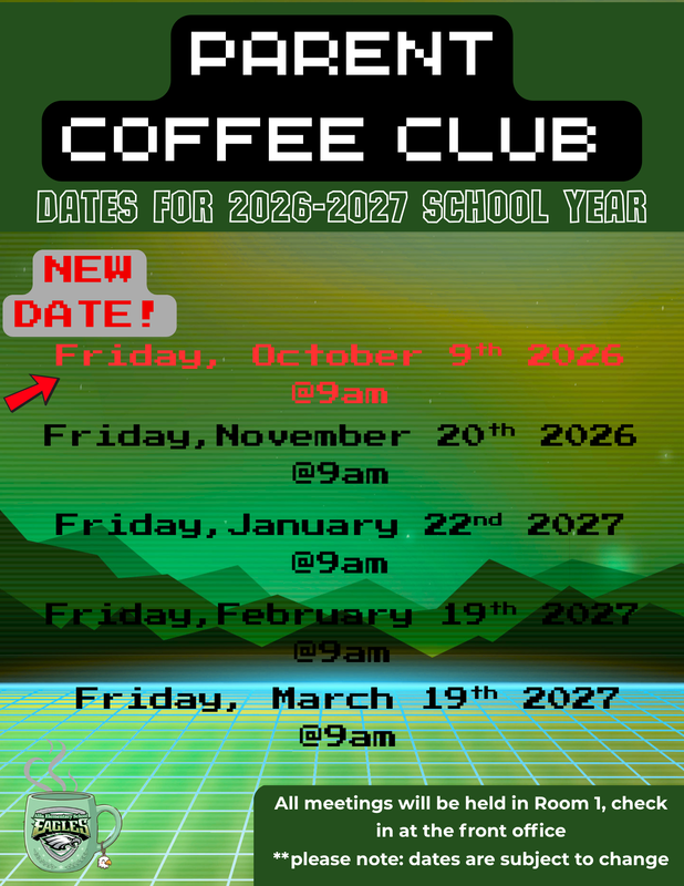 Parent Coffee Club flyer with video game screen theme and a mug with the school logo on it