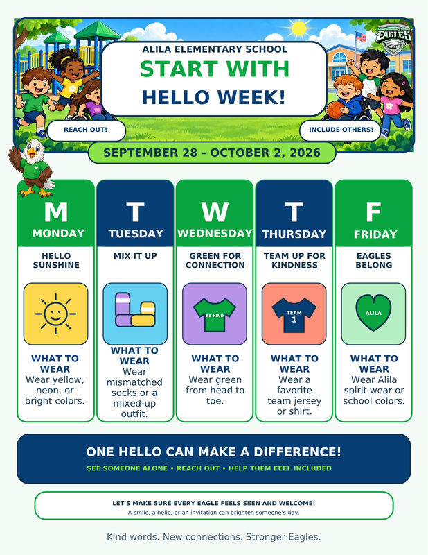 hello week flyer with school logo, images of students in playground and icons demonstrating each dress up day all written text below