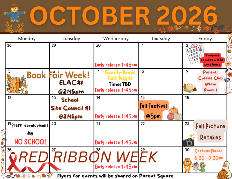 october calendar , fall themed with icons of leaves, books, a coffee mug & a red ribbon all written text below