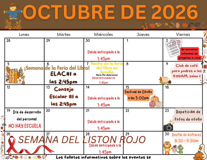 (spanish translation) october calendar , fall themed with icons of leaves, books, a coffee mug & a red ribbon all written text below