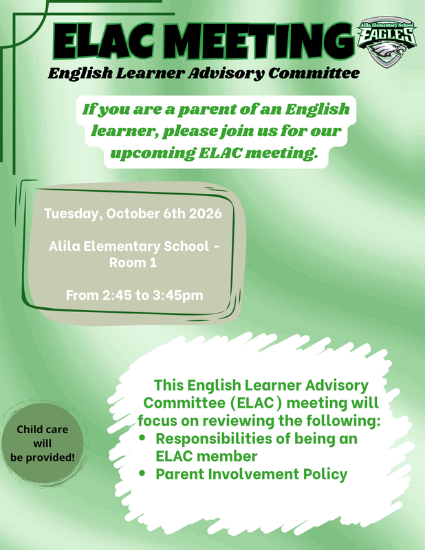 ELAC flyer with school logo All written details in the article