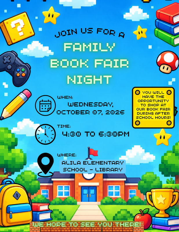 family book fair night flyer with video game background, icons of books, stars, a pencil, backpack & clouds in the sky All written text below