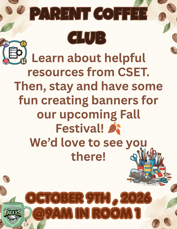 parent coffee club flyer with coffee bean icons, school logo on a mug and an icon of arts & crafts all written text below