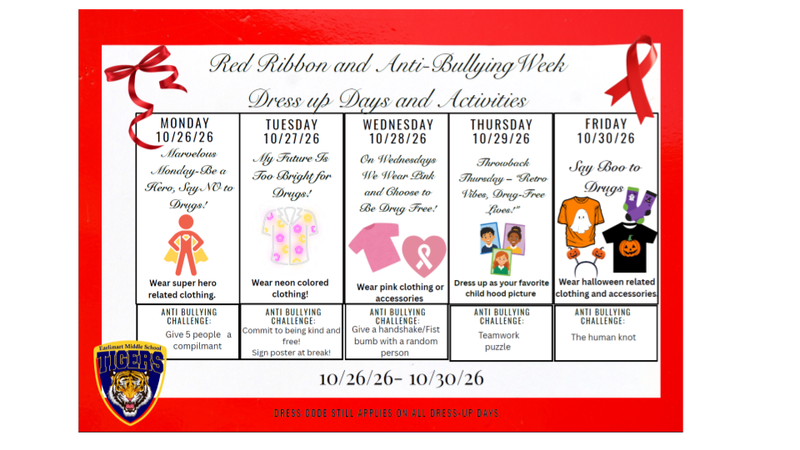 Image includes Red Ribbon theme and dress up & activity schedule