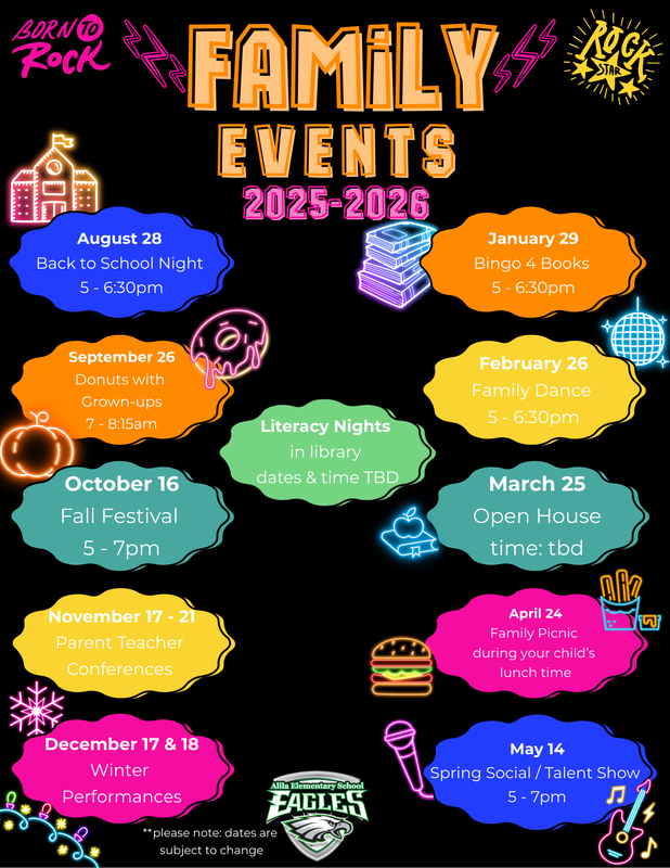 family events 2025-2026 with images  of stars, lightning bolts, school logo and calendar image