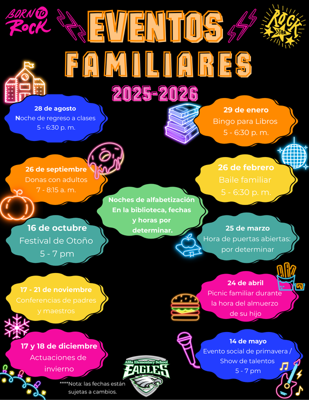 family events 2025-2026 with images  of stars, lightning bolts, school logo and calendar image