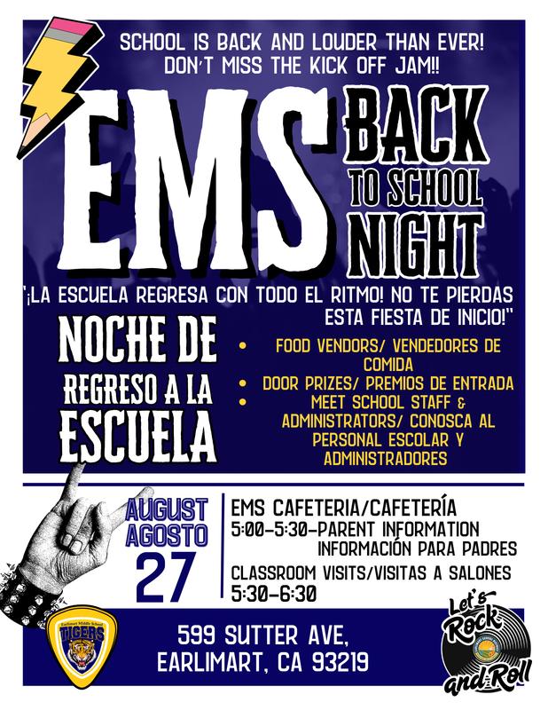  A flyer for the Earlimart Middle School (EMS) Back to School Night.