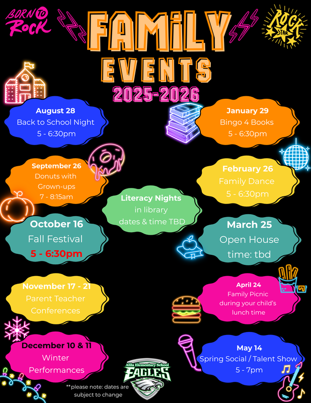 family events 2025-2026 with images  of stars, lightning bolts, school logo and calendar image