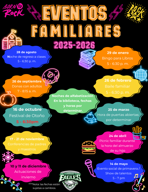 family events 2025-2026 with images  of stars, lightning bolts, school logo and calendar image
