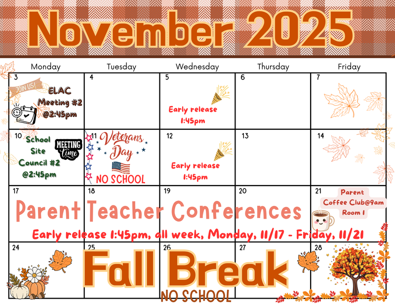 november calendar with images of fall 