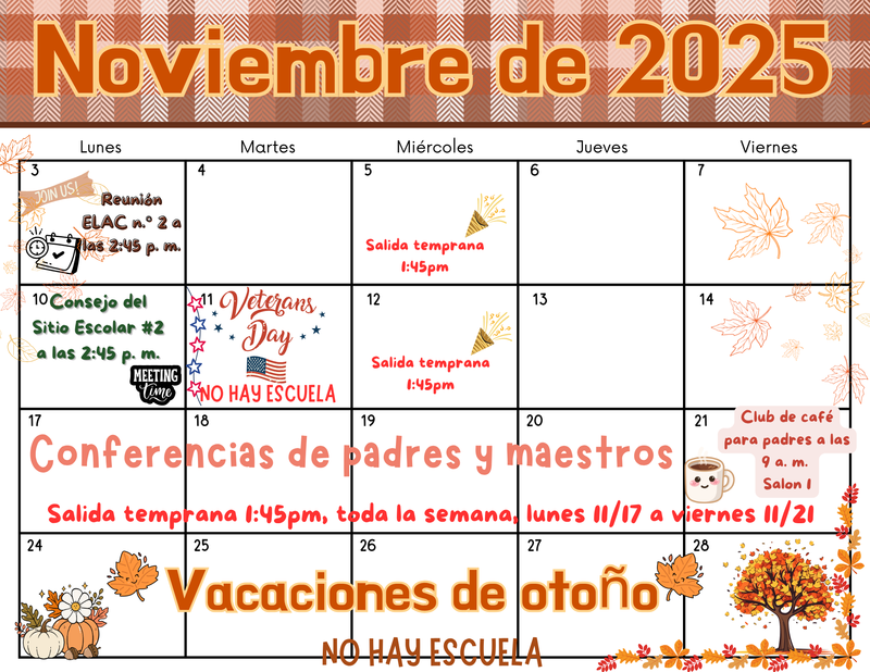 november calendar with images of fall spanish translation