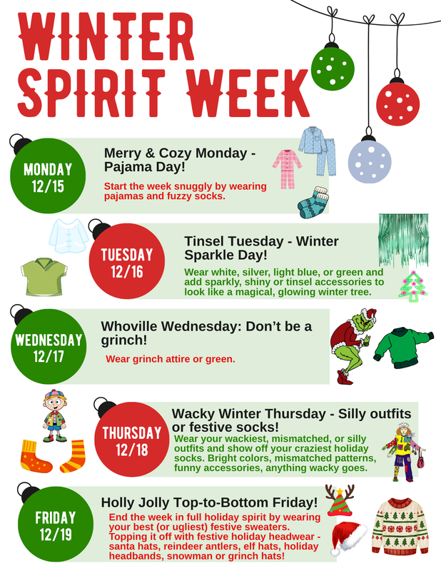 winter spirit week flyer with images of ornaments and icons for each dress up day