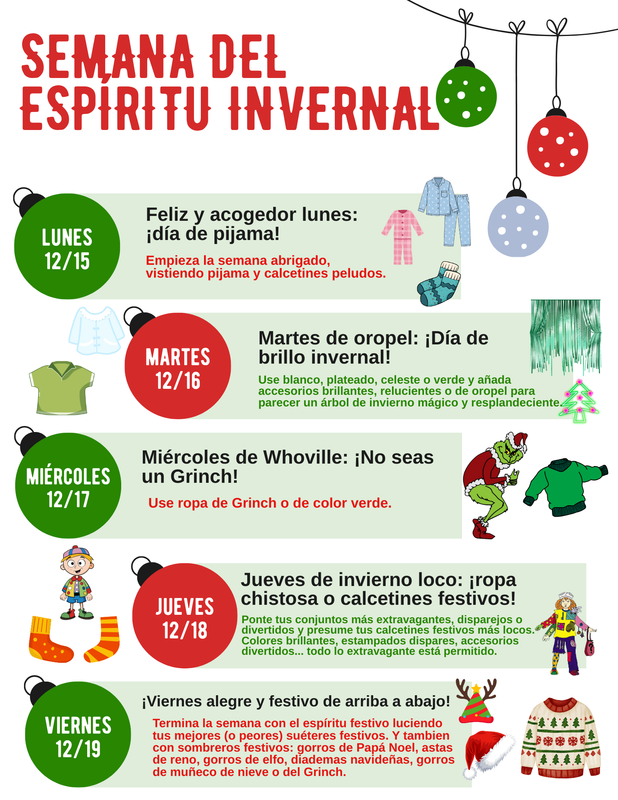 (spanish) winter spirit week flyer with images of ornaments and icons for each dress up day