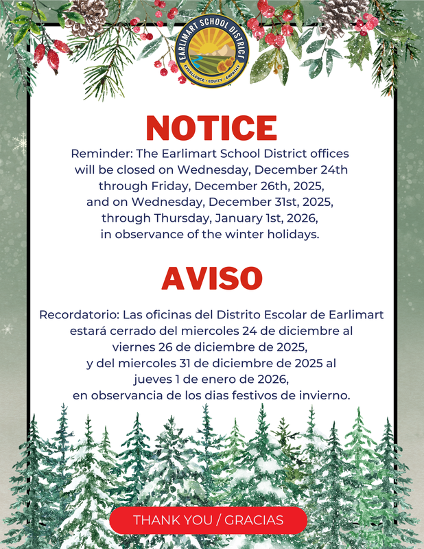 “Holiday office closure notice in English and Spanish with district logo and winter-themed design. All written information appears in the post.”