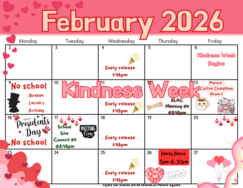 February events calendar with a theme of valentines day, reds and pinks. images of hearts, balloon shaped hearts and coffee icons  All written details in the article 