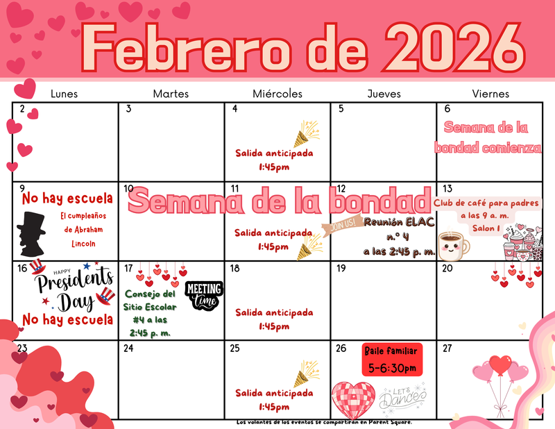 (Spanish translation)  February events calendar with a theme of valentines day, reds and pinks. images of hearts, balloon-shaped hearts, and coffee icons  All written details in the article 