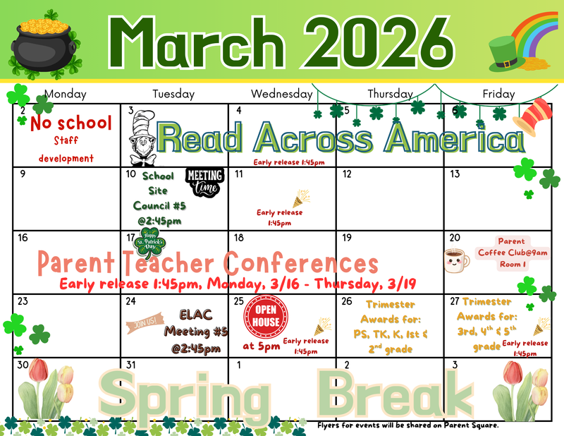 march calendar of events with theme of st patricks days, with images of a pot of gold, a rainbow , four leaf clovers and spring flowers