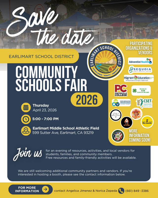 Save the Date flyer for the Earlimart School District Community Schools Fair on April 23, 2026, from 5:00–7:00 PM at Earlimart Middle School Athletic Field. Details in article.