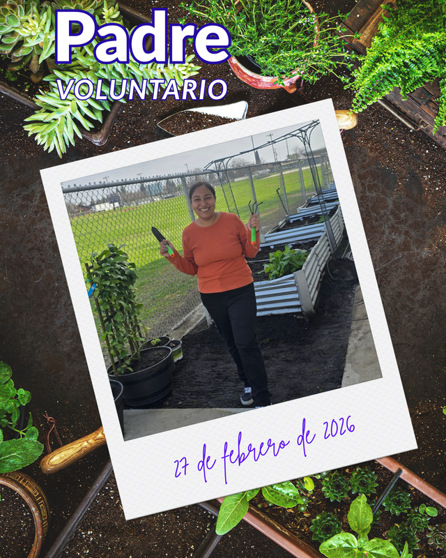 Imagen incluye fondo de jardineria y foto de padre voluntario sobre fondo con fecha 27 de febrero de 2026