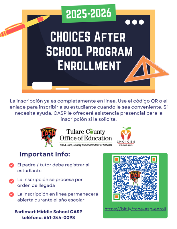 Flyer for the 2025–2026 Choices After School Program with a chalkboard graphic, QR code, and online registration details in Spanish