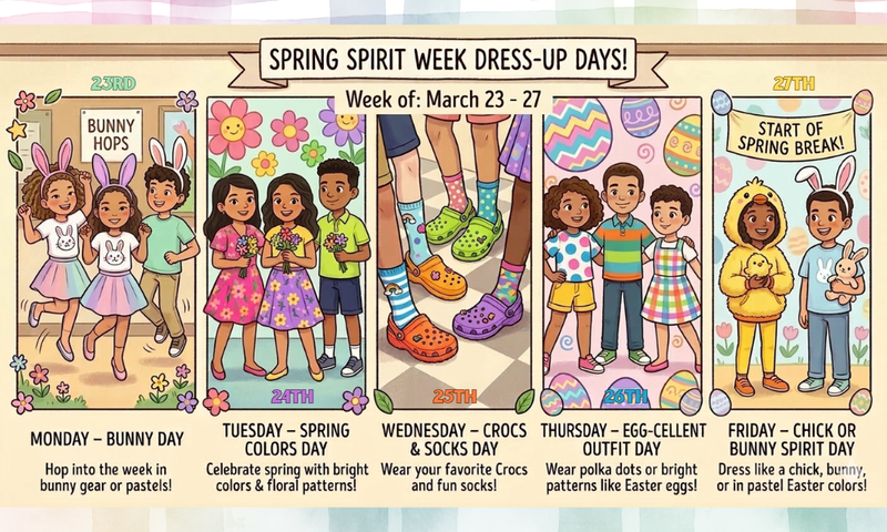 An illustrated flyer titled "SPRING SPIRIT WEEK DRESS-UP DAYS!" for the week of March 23 - 27. The flyer features five vertical panels, each depicting diverse children dressed according to a specific daily theme: