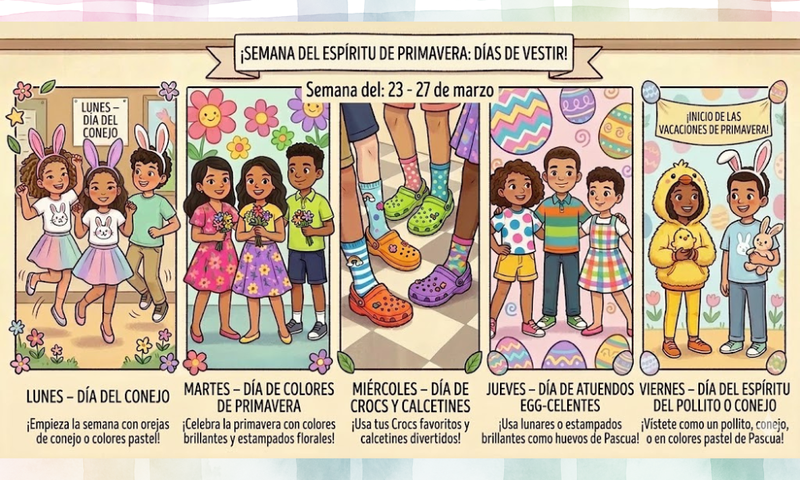 An illustrated flyer titled "SPRING SPIRIT WEEK DRESS-UP DAYS!" for the week of March 23 - 27. The flyer features five vertical panels, each depicting diverse children dressed according to a specific daily theme: